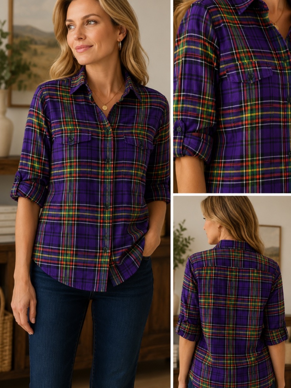 Lauren Ralph Lauren Jeans Co Purple Plaid Roll Tab Button Front Cotton Shirt XL